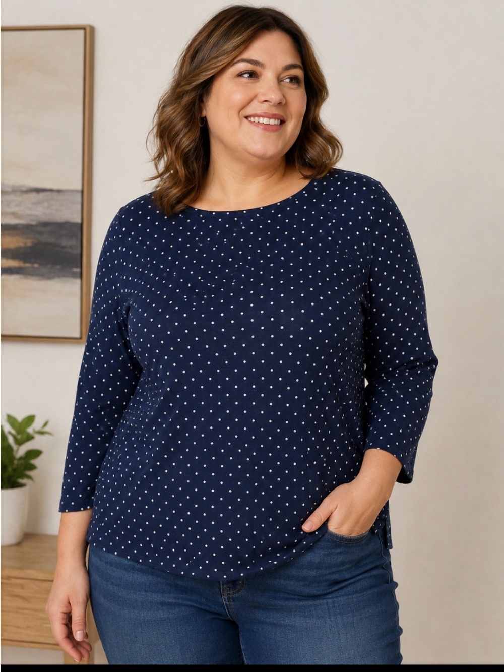 croft & barrow Navy and White Polka Dot Long Sleeve Top Size XXL - 100% Cotton